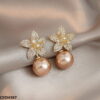 Flower Shinning Pearl Drop Earrings Pair - Image 3